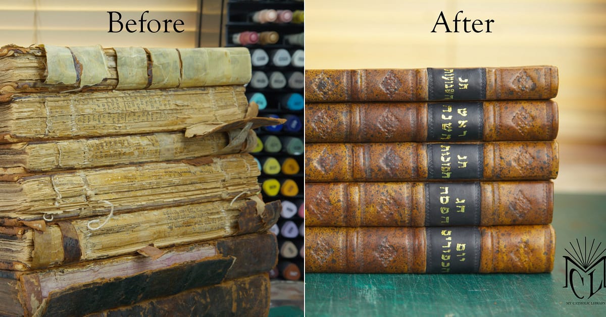 Book repair of Jewish Holy Day books with new spines and Hebrew spine labels