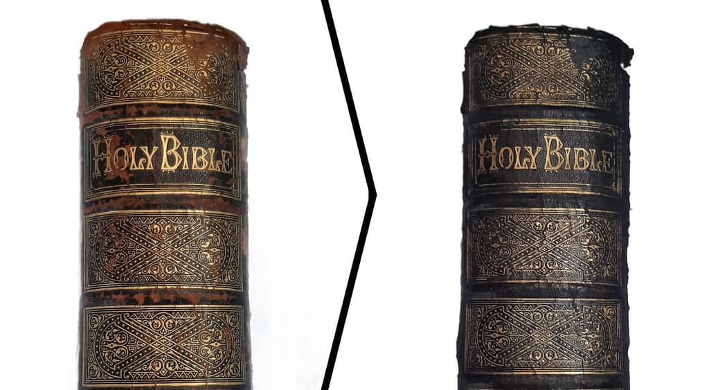 Before and after Bible spine in black leather redyed black