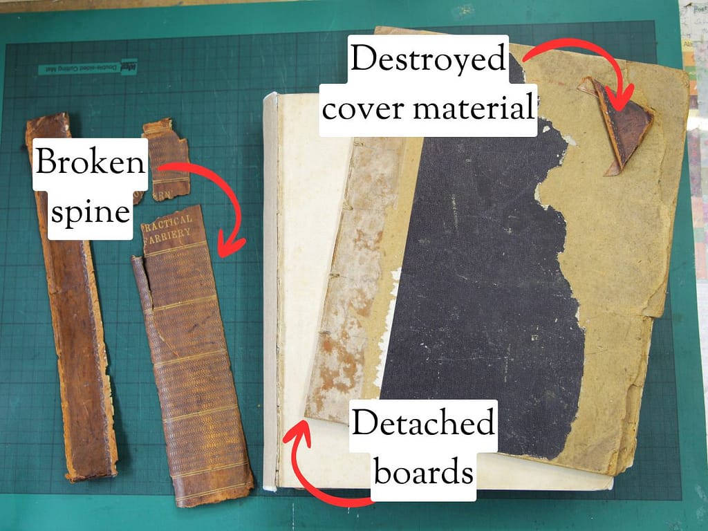 How to assess my book for repair picture with damaged elements labelled
