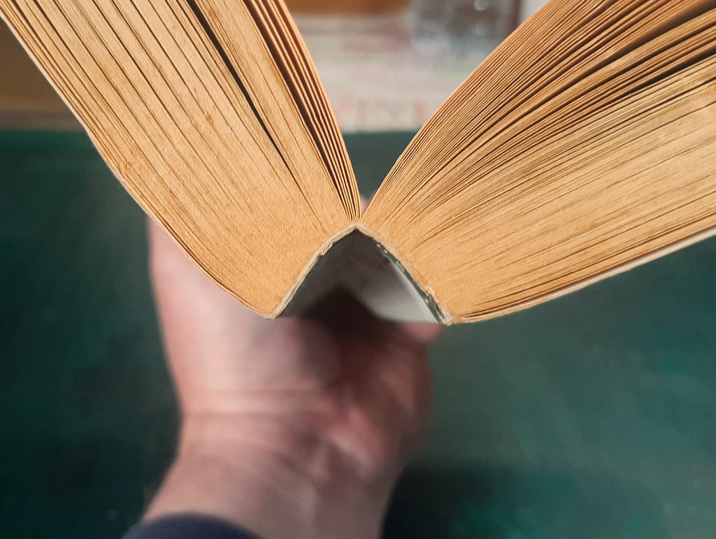 Open paperback book showing the curve of the spine to demonstrate the tightback structure