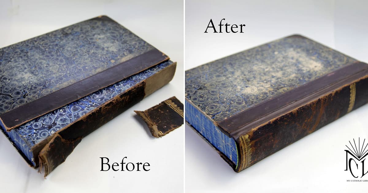 Antique book restored by reattaching detached front board and repairing spine