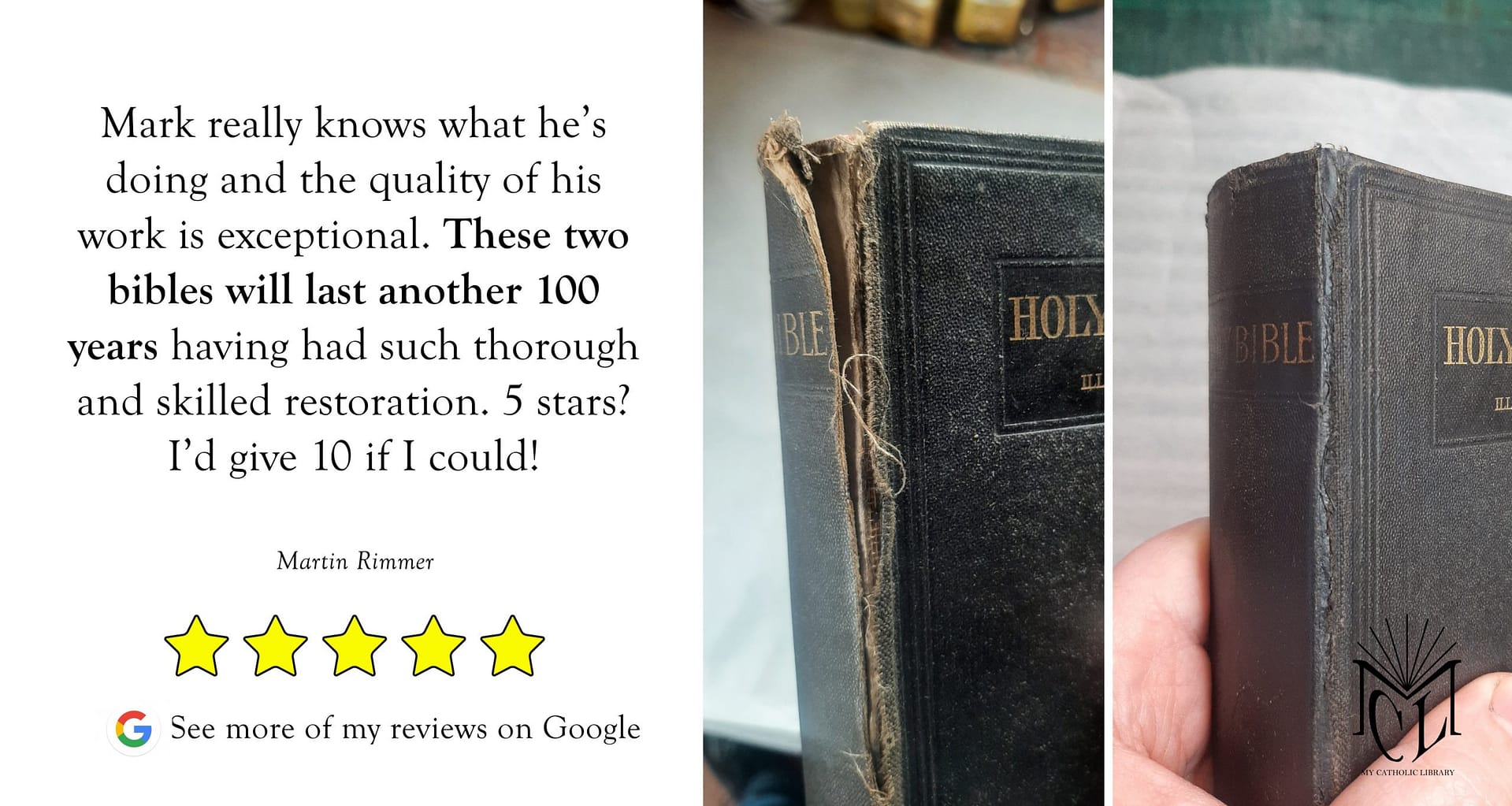 Testimonial for bookbinding services involving Bible conservation