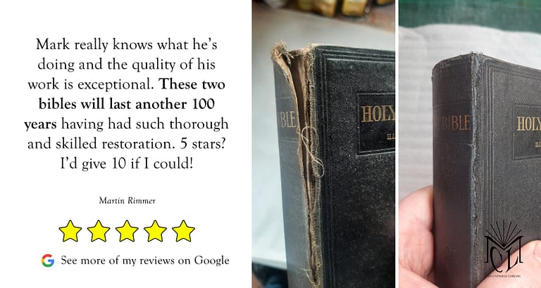 Testimonial for bookbinding services involving Bible conservation