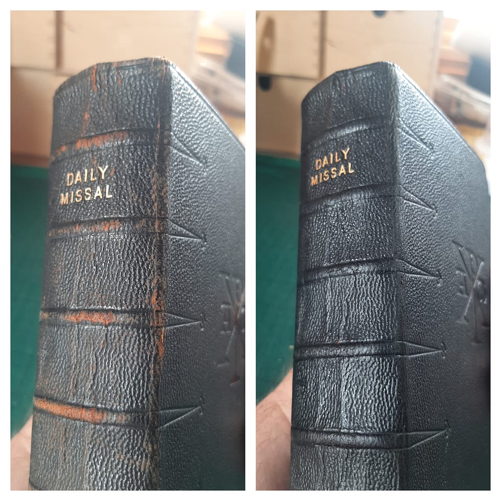 Before and after of a book spine repair redyed black leather