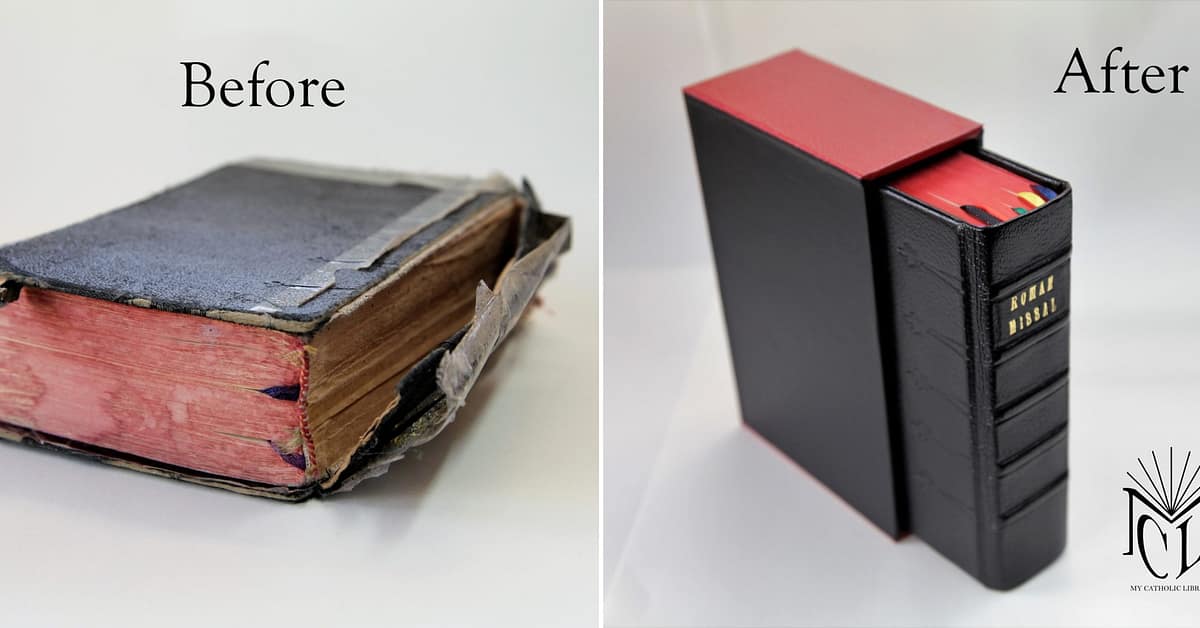 Roman Missal with loose spine held on by tape transformed with new leather cover and slipcase