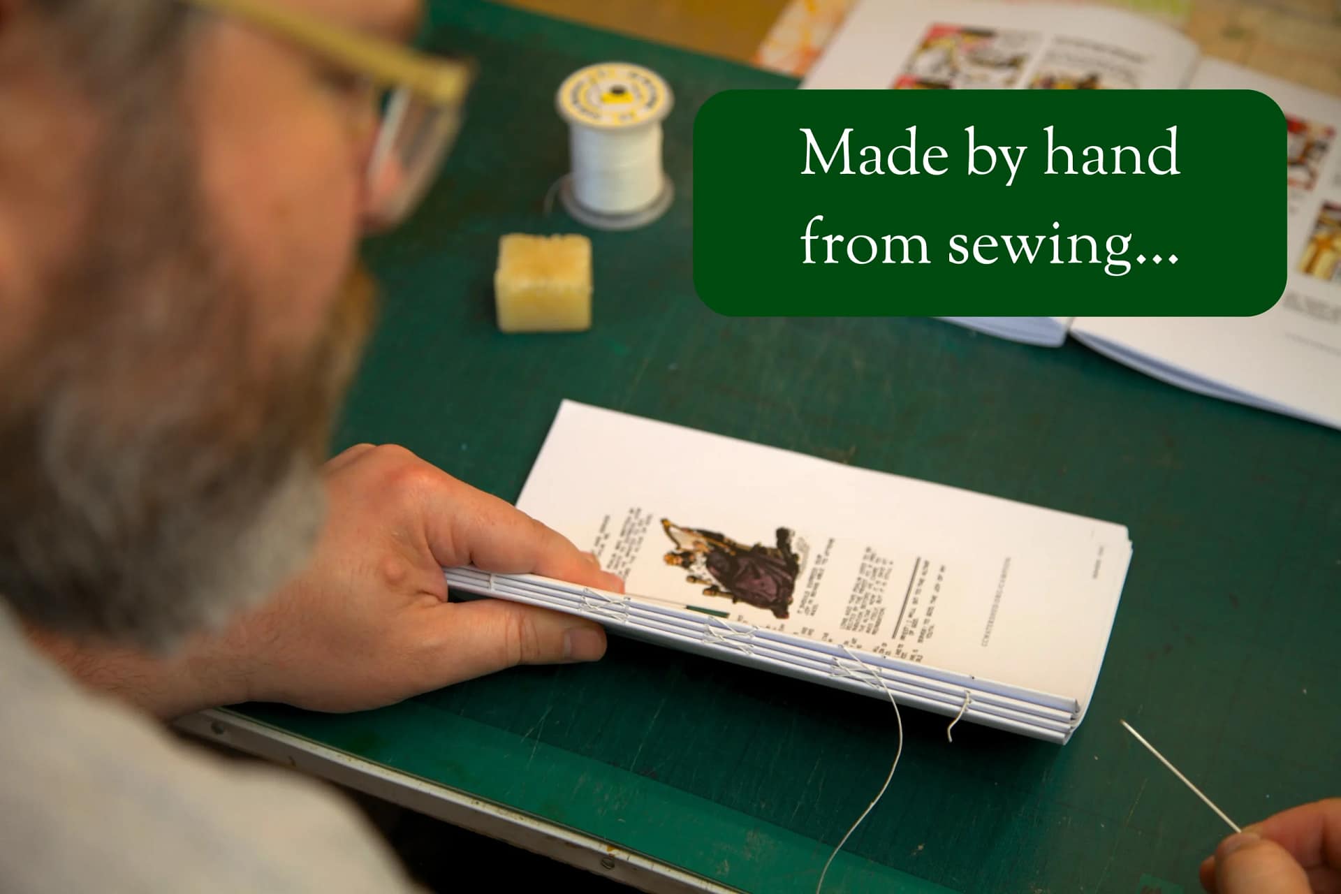 Bookbinder hand sewing Childrens Missal